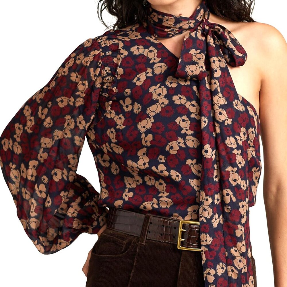 Poly by Ralph Lauren one shoulder tie-neck blouse Size 8 (NWT)